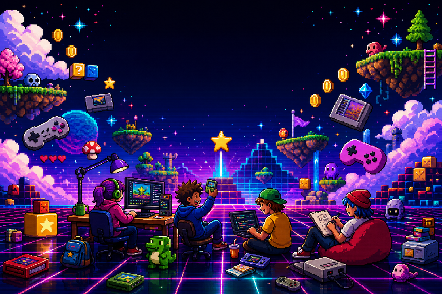 Escena de videojoc retro amb plataformes, comandaments i ambient arcade de 16 bits