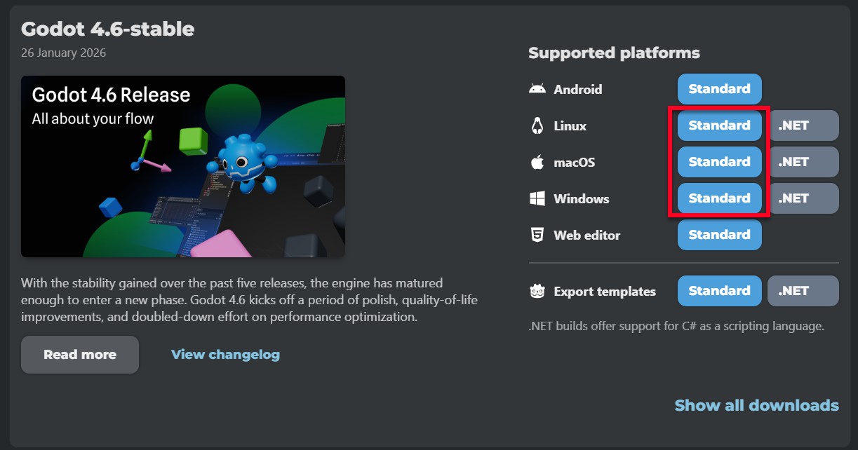 La pàgina web de Godot 4.6 amb les opcions estàndard per a les versions d'escriptori encerclades