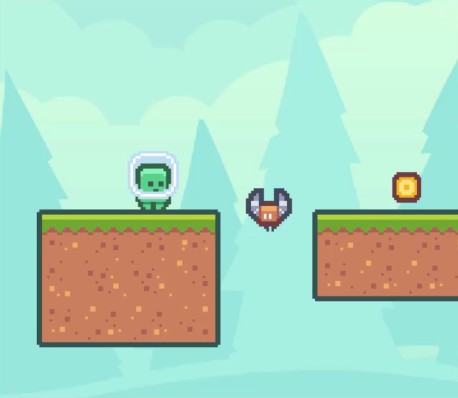 Aquesta imatge d'art de píxels il·lustra una escena de plataformes en 2D fonamental del tutorial de Godot, que mostra un personatge de jugador verd amb un casc blanc dempeus sobre una plataforma de terra amb gespa, enfrontant-se a un petit enemic semblant a un ratpenat a l'aire entre plataformes i una moneda daurada que gira a la plataforma adjacent, que representa visualment els elements bàsics del joc: el moviment del jugador, la col·lisió de l'enemic i la col·lecció de monedes descrits a la lliçó.