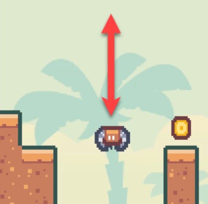 Aquesta imatge d'art de píxels il·lustra la mecànica de moviment vertical del personatge del jugador al tutorial de plataformes 2D de Godot, que mostra un petit jugador semblant a un robot a l'aire entre dues plataformes de terra amb un fons de palmera; una fletxa vermella de doble punta a sobre del jugador emfatitza visualment el moviment de salt i caiguda que s'està implementant, mentre que una moneda daurada que gira a la plataforma dreta reforça el sistema de col·leccionisme descrit a la lliçó.