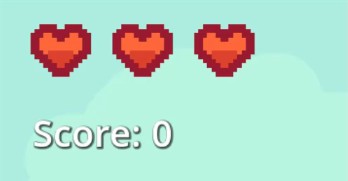 Aquesta imatge mostra la interfície d'usuari de la salut i la puntuació del joc del tutorial de plataformes Godot 2D: tres cors vermells amb art de píxels a la part superior indiquen la salut total del jugador i, a sota, el text blanc diu "Puntuació: 0", que representa la puntuació inicial abans de recollir les monedes, il·lustrant directament el sistema de danys (reducció de salut mitjançant l'eliminació del cor) i la mecànica de puntuació descrita a la lliçó.