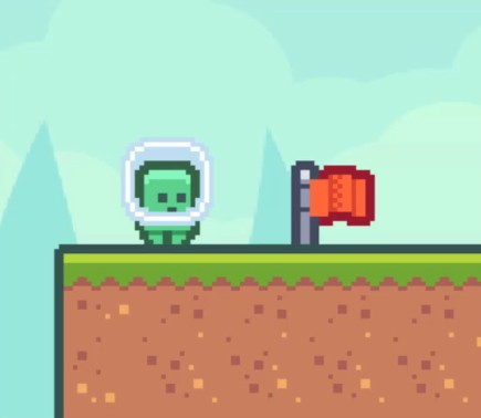 Aquesta imatge d'art de píxels del tutorial de plataformes en 2D de Godot il·lustra la mecànica de finalització de nivell: un personatge de jugador verd amb un casc blanc es troba sobre una plataforma de terra i herba al costat d'una bandera vermella muntada en un pal gris, que representa visualment l'objectiu descrit a la lliçó. Quan el jugador arriba a aquesta bandera, es teletransporta al següent nivell, que serveix com a punt de transició entre les etapes.