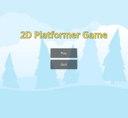 Aquesta imatge mostra l'escena del menú principal del joc de plataformes 2D que s'està construint al tutorial de Godot, amb el títol "Joc de plataformes 2D" en text groc centrat a la part superior, amb dos botons rectangulars grisos etiquetats "Jugar" i "Surt" apilats verticalment a sota, que representen la interfície d'usuari inicial per iniciar o sortir del joc tal com es descriu a la secció del menú de la lliçó.