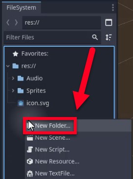 La imatge mostra el dock del sistema de fitxers de Godot amb el directori arrel "res://" ampliat, mostrant les carpetes importades "Audio" i "Sprites", juntament amb un fitxer anomenat "icon.svg". Una fletxa vermella apunta al menú contextual que s'obre fent clic amb el botó dret a l'àrea FileSystem, ressaltant l'opció "Nova carpeta...", que s'està seleccionant per crear nous directoris de projecte tal com s'indica a la lliçó: específicament, les carpetes "Scripts" i "Escenes" necessàries per organitzar fitxers de codi i escenes.