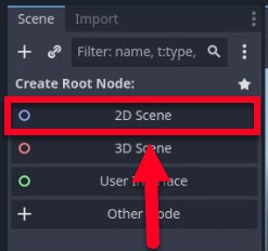 A la base d'escenes de Godot, la secció "Crea un node arrel" mostra una llista de tipus de nodes per inicialitzar una escena nova; l'opció "Escena 2D" està seleccionada i destacada amb un quadre vermell i una fletxa, que indica que és l'opció correcta per configurar la primera escena de nivell 2D tal com s'indica a la lliçó.