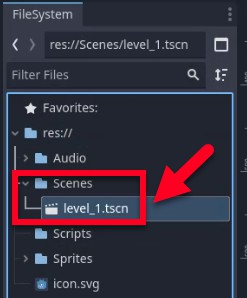 La imatge mostra el moll del sistema de fitxers de Godot amb l'arrel del projecte "res://" ampliada, destacant la carpeta "Escenes" acabada de crear i el seu fitxer contingut "level_1.tscn", tots dos tancats en un quadre vermell amb una fletxa vermella que apunta al fitxer, que indica que l'escena de nivell 1 s'ha desat correctament dins de la carpeta Escenes tal com s'ha indicat per a una organització de gestió futura correcta.