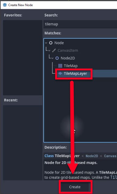 Aquesta imatge mostra el diàleg "Crea un node nou" de Godot, on l'usuari ha cercat "mapa de mosaic" i seleccionat el node "TileMapLayer" de la llista de coincidències, un pas necessari per crear un mapa basat en rajoles 2D tal com s'indica a la lliçó. Una fletxa vermella apunta des de l'entrada ressaltada "TileMapLayer" fins al botó "Crea", indicant l'acció per confirmar l'addició d'aquest node. El tauler de descripció següent confirma que és una "Class TileMapLayer < Node2D < CanvasItem" que s'utilitza per als mapes basats en mosaics 2D, reforçant que aquest és el node correcte i no obsolet que s'ha d'utilitzar (a diferència de "TileMap", contra el qual adverteix la lliçó). Aquesta imatge guia l'usuari a través de la selecció i la instanciació del node adequat per començar a pintar fitxes al seu nivell de joc.