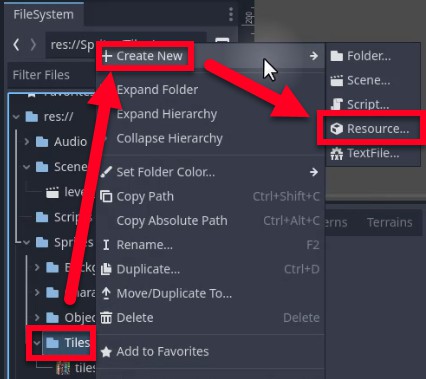 Aquesta imatge mostra el tauler FileSystem de Godot amb la carpeta "Tiles" seleccionada; una fletxa vermella apunta des del botó "Crea nou" a l'opció "Recurs..." al seu menú contextual, il·lustrant el pas per crear un nou recurs TileSet per definir els actius de mosaic. El camí de la carpeta "Reds" ressaltat és "res://Sprites/Tiles", i el menú contextual també mostra altres opcions com "Carpeta...", "Escena..." i "Script...", però el focus és seleccionar "Recurs..." per continuar amb la configuració del conjunt de fitxes tal com es descriu a la lliçó.