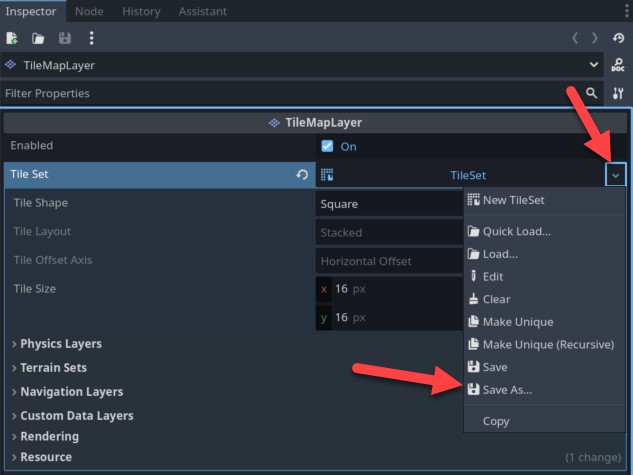 Aquesta imatge mostra el tauler d'inspector de Godot per a un node TileMapLayer, destacant el menú desplegable de propietats Tile Set, al qual s'accedeix mitjançant el botó de fletxa petit a la seva dreta, que mostra opcions com "New TileSet", "Quick Load...", "Load...", "Edit", "Clear", "Make únic", "Make únic", "Make únic", "Make Asave", "Save", i "Save Asave". "Còpia". Dues fletxes vermelles apunten a aquest menú desplegable: una al botó de fletxa que l'obre i una altra específicament a l'opció "Desa com a...", que il·lustra com desar el recurs del conjunt de fitxes configurat al disc com a part de la configuració de la capa del mapa de fitxes. El camp Conjunt de rajoles està assignat actualment i altres propietats visibles inclouen Forma de rajoles (quadrat), Disseny de rajoles (apilats), Eix de desplaçament de rajoles (Desplaçament horitzontal) i Mida de rajoles (x 16 px, i 16 px).