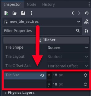 Al panell Inspector de Godot, s'està configurant el recurs TileSet anomenat "new_tile_set.tres", amb una fletxa vermella que apunta a la propietat "Tile Size" a la secció TileSet; tant les dimensions x com y s'estableixen en 18 px, assegurant que les fitxes coincideixen amb la mida de textura corregida de 18 x 18 píxels tal com s'especifica a la lliçó.