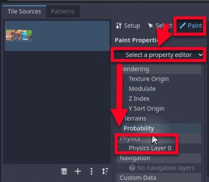 A l'editor TileSet de Godot, la pestanya "Pintura" està seleccionada per assignar propietats de col·lisió a les fitxes; una fletxa vermella apunta des del botó "Pintar" al menú desplegable "Selecciona un editor de propietats", que s'amplia per mostrar opcions que inclouen "Física", i una altra fletxa destaca "Capa física 0" com a propietat escollida per pintar la col·lisió sobre rajoles, alineant-se amb el pas de la lliçó per afegir capes físiques per a la detecció de rajoles.