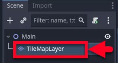 Aquesta imatge mostra el panell Escena de Godot amb el node "Principal" ampliat, destacant el nou node "TileMapLayer" afegit, indicat amb un quadre vermell i una fletxa, que serveix com a contenidor per pintar el mapa de fitxes al nivell de joc; aquest node es va crear seguint les instruccions de la lliçó per evitar el node "TileMap" obsolet.