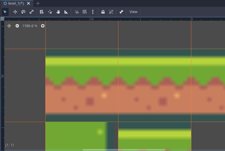 Aquesta imatge mostra la finestra de visualització de l'editor TileMap de Godot amb un zoom del 1586,0%, que mostra una capa de mapa de rajoles 2D parcialment pintada amb rajoles d'art de píxels disposades en bandes horitzontals: les vores de color verd fosc emmarquen una capa d'herba verda brillant per sobre d'una capa de brutícia marró amb taques grogues disperses i una altra secció verda a sota; la superposició de la quadrícula confirma l'alineació de les fitxes i la coordenada (1,1) és visible a la cantonada inferior esquerra, indicant la posició actual de la rajola dins del sistema de coordenades del mapa mentre l'usuari pinta el fons de nivell mitjançant el TileSet configurat.