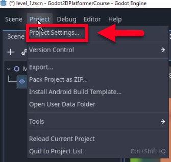 Aquesta imatge mostra la barra de menú superior de Godot amb el menú "Projecte" obert, destacant l'opció "Configuració del projecte...", indicada per un quadre vermell i una fletxa, que s'utilitza per configurar les propietats globals del projecte com ara la resolució de visualització, els mapes d'entrada o la configuració física; aquest pas pot ser rellevant per ajustar la representació del mapa de rajoles o el comportament de col·lisió en el context de la configuració d'un nivell de plataformes 2D.