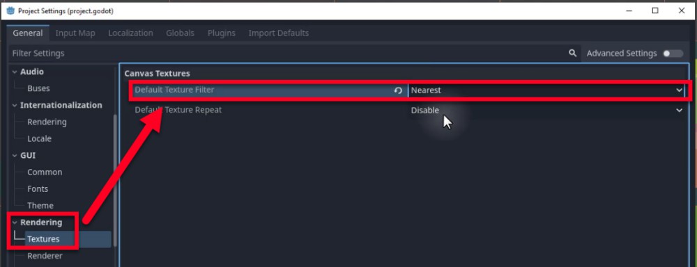 Aquesta imatge mostra la finestra de configuració del projecte de Godot, concretament la secció "Renderització > Textures" a "Textures del llenç", on el "Filtre de textura predeterminat" està configurat a "Més proper", una configuració rellevant per als jocs d'art de píxels per evitar que la textura es difumi; una fletxa vermella destaca aquest menú desplegable i un altre quadre vermell emfatitza la subcategoria "Textures" dins de "Renderització", cosa que indica que aquest pas de configuració pot ser necessari per garantir que els mapes de rajoles es mostrin nítids tal com es pretén a la lliçó.