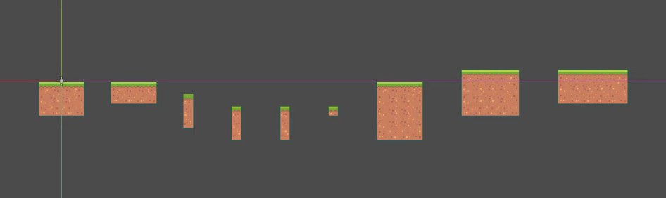 Aquesta imatge mostra un mapa de rajoles 2D a la finestra de visualització de l'editor de Godot, que mostra una disposició horitzontal de rajoles d'art de píxel pintades sobre un TileMapLayer: les rajoles consisteixen en blocs de terra marró amb taques grogues i cims d'herba verda, que varien en alçada per formar plataformes i característiques del terreny; Les línies de quadrícula visibles i els indicadors d'eix (X vermella, Y verda) confirmen que l'escena està en mode 2D, il·lustrant el resultat de la pintura de rajoles mitjançant el recurs TileSet configurat "new_tile_set.tres" amb dimensions de 18x18 píxels i propietats de col·lisió assignades mitjançant Physics Layer 0.