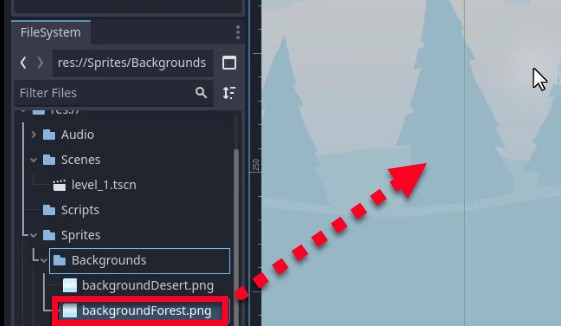 Al panell del sistema de fitxers de Godot, l'usuari selecciona el fitxer d'imatge de fons "backgroundForest.png" situat a la carpeta "res://Sprites/Backgrounds", ressaltat amb un quadre vermell, per assignar-lo com a teló de fons del nivell; una fletxa vermella puntejada apunta des d'aquest fitxer cap a la finestra 2D de la dreta, indicant que aquest PNG s'utilitzarà com a fons visual per al nivell de joc que s'està construint, seguint l'enfocament de la lliçó en la configuració de mapes i fons de fitxes.
