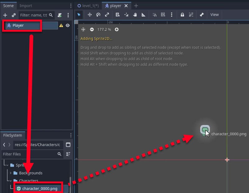 A l'editor de Godot, el node "Jugador" (un CharacterBody2D) està seleccionat al panell Escena, ressaltat amb un quadre vermell i una fletxa; una fletxa vermella discontínua va des del fitxer "character_0000.png" al tauler FileSystem (situat a res://Sprites/Characters/) fins a la finestra 2D, on la mateixa imatge apareix com una petita icona de sprite etiquetada com "character_0000.png", que indica que l'usuari està arrossegant aquest actiu sprite com a representació visual del personatge a l'escena del reproductor.