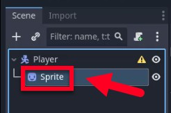 Al panell Escena de Godot, el node fill "Sprite" sota el node "Jugador" (un CharacterBody2D) es ressalta amb un quadre vermell i una fletxa, que indica que s'ha afegit per visualitzar el personatge; el nom del node "Sprite" és visible a l'editor, confirmant-ne el canvi de nom com a referència, tal com s'indica a la lliçó.