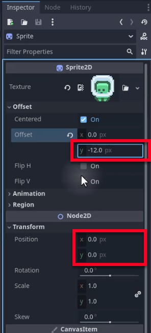 Al panell de l'inspector de Godot, les propietats del node Sprite2D s'estan configurant per alinear l'origen visual del personatge amb els seus peus per a una interacció física precisa: a la secció "Offset", el valor Y s'estableix en -12,0 px (ressaltat en vermell), mentre que l'opció "Centrat" ​​està activada; a més, es mostren els valors de Transformació > Posició (X: 0,0 px, Y: 0,0 px) (també ressaltats en vermell), confirmant que el sprite està centrat en relació al seu node principal CharacterBody2D tal com s'indica per al comportament adequat de col·lisió i moviment al joc de plataformes.