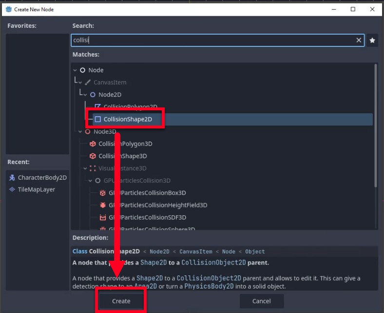 Aquesta imatge mostra el diàleg "Crea nou node" de Godot amb el terme de cerca "collis" introduït, destacant el node "CollisionShape2D" sota la jerarquia Node2D; una fletxa vermella apunta des d'aquesta selecció al botó "Crea" de sota, que indica el pas per afegir una forma de col·lisió 2D al node del reproductor. El tauler de descripció confirma que CollisionShape2D és un node que proporciona un Shape2D a un pare CollisionObject2D, essencial per definir els límits físics del jugador. Això segueix les instruccions del tutorial per fer clic amb el botó dret al node Reproductor i afegir un fill CollisionShape2D, que més tard es configurarà amb un CapsuleShape2D perquè coincideixi amb les dimensions del sprite i garanteixi un moviment suau.
