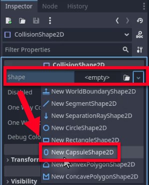 Al tauler Inspector de Godot, s'està configurant la propietat Shape d'un node CollisionShape2D: el menú desplegable, que actualment mostra "<buit>", s'amplia per mostrar les opcions de forma 2D disponibles, amb "New CapsuleShape2D" ressaltat i seleccionat mitjançant un quadre vermell i una fletxa, que indica el pas per assignar un moviment de col·lisió en forma de càpsula al jugador de col·lisió sense límits.