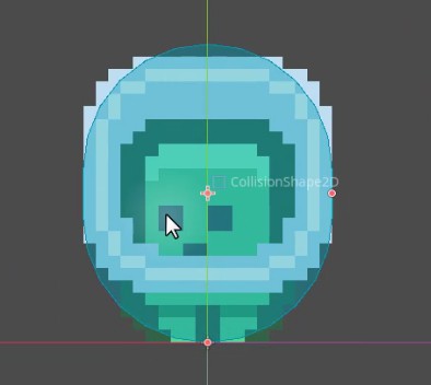 A la finestra de visualització de l'editor 2D de Godot, un sprite del personatge del jugador d'art de píxels es centra dins d'una forma de col·lisió CapsuleShape2D de color blau verdós, que s'ha afegit com a fill del node Player; el contorn de CollisionShape2D és visible i ajustat per tancar còmodament el cos del personatge mentre toca els seus peus, assegurant una interacció física precisa per a les plataformes; el punt de pivot de la forma es centra a (0,0) i el cursor del ratolí passa per sobre del sprite, indicant l'edició activa o la verificació de l'alineació.