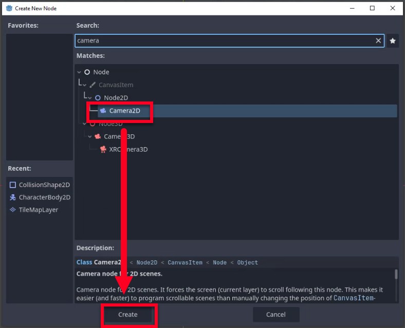 Aquesta imatge mostra el diàleg "Crea nou node" de Godot amb el terme de cerca "càmera" introduït, destacant el node "Camera2D" sota la jerarquia Node2D; una fletxa vermella apunta des d'aquesta selecció al botó "Crea" de sota, que indica el pas per crear una instancia d'un node de càmera 2D per seguir el jugador a l'escena. El tauler de descripció confirma que és un "node de càmera per a escenes 2D" que obliga la pantalla a desplaçar-se seguint aquest node, facilitant la programació de les escenes desplaçables. Aquest pas segueix la configuració de l'escena del reproductor i precedeix la configuració de la càmera per seguir el personatge.
