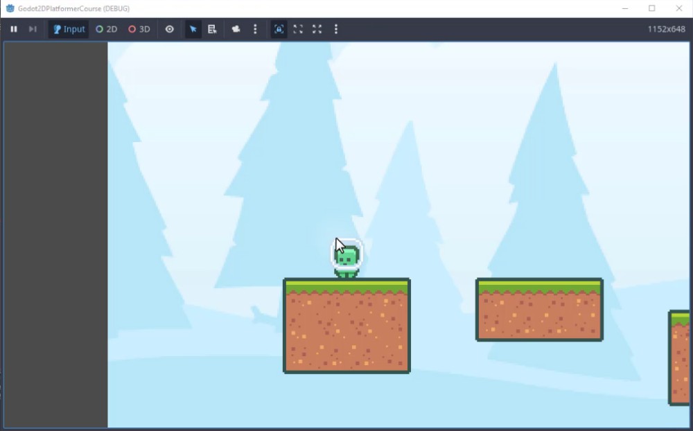 A la finestra de visualització de l'editor 2D de Godot, un personatge de reproductor d'art de píxels (una figura verda amb un casc blanc) es troba centrat en una plataforma de terra amb una part superior d'herba, demostrant el resultat de la configuració de l'escena del jugador; el personatge es col·loca a sobre d'un CollisionShape2D configurat com a CapsuleShape2D que s'alinea amb els seus peus per a una interacció física precisa, i l'escena inclou plataformes addicionals al fons per simular un entorn de plataformes, confirmant que la configuració visual i de col·lisió del jugador s'ha completat abans de la integració de la càmera.