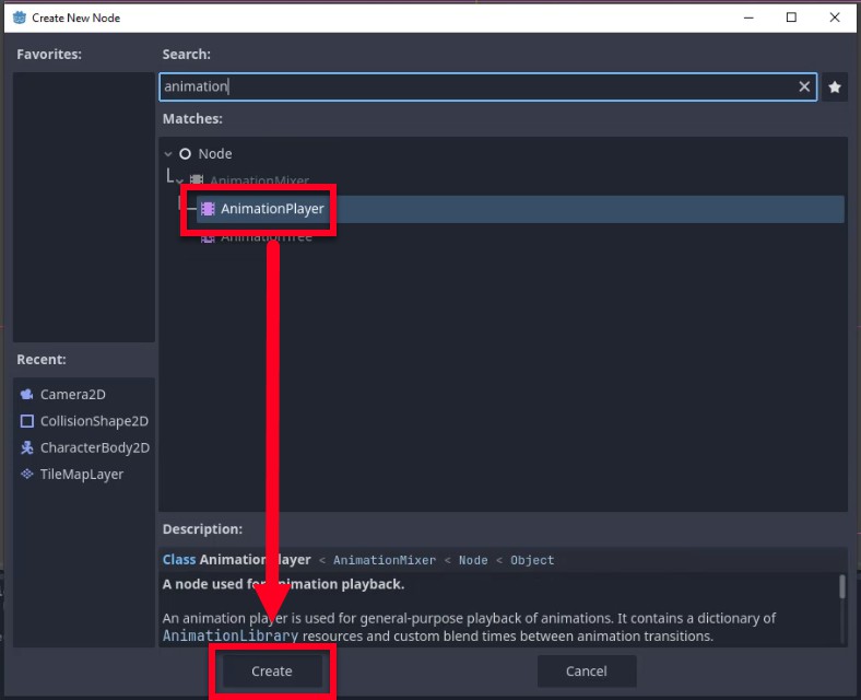 Aquesta imatge mostra el diàleg "Crea nou node" de Godot amb el terme de cerca "animació" introduït, destacant el node "AnimationPlayer" sota la jerarquia del node; una fletxa vermella apunta des d'aquesta selecció al botó "Crea" a continuació, que indica el pas per afegir un node AnimationPlayer per gestionar la reproducció d'animacions a l'escena del jugador, tal com es descriu a la progressió de la lliçó després de configurar la física i els elements visuals del personatge.