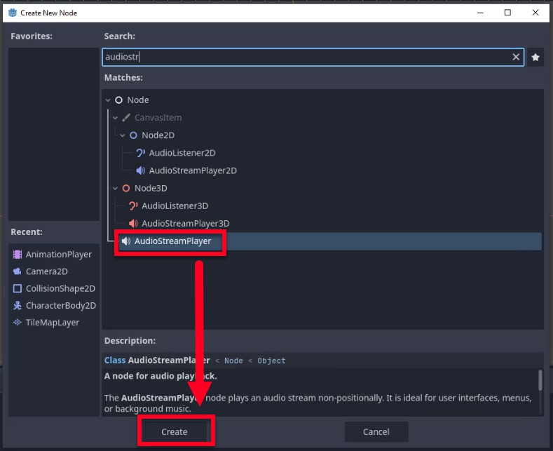 Aquesta imatge mostra el diàleg "Crea nou node" de Godot on l'usuari ha escrit "audiostr" a la barra de cerca, destacant el node "AudioStreamPlayer" sota la jerarquia del node; una fletxa vermella apunta des d'aquesta selecció al botó "Crea" a continuació, que indica el pas per crear una instancia d'un node AudioStreamPlayer per a la reproducció d'àudio no posicional, com ara sons d'IU o música de fons, com a part de la configuració dels components auxiliars de l'escena del reproductor.