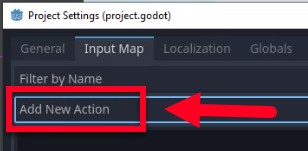Aquesta imatge mostra la finestra de configuració del projecte del motor Godot per a "project.godot", amb la pestanya "Mapa d'entrada" activa, destacant el botó "Afegeix una acció nova", un pas clau per definir accions d'entrada com "move_left" o "jump", tal com es descriu a la lliçó. El quadre vermell i la fletxa emfatitzen aquest botó, que els usuaris fan clic per començar a crear noves accions amb nom que abstreguin les entrades del teclat o del controlador de la lògica de l'script, permetent una configuració d'entrada flexible i mantenible.