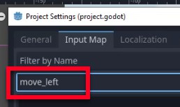 Aquesta imatge mostra la finestra de configuració del projecte del motor Godot per a "project.godot", amb la pestanya "Mapa d'entrada" activa, que mostra un camp de text on s'ha introduït el nom de l'acció d'entrada "move_left", que il·lustra el pas per definir una acció d'entrada amb nom abans d'assignar-hi tecles, com a part de la configuració de controls flexibles del jugador.
