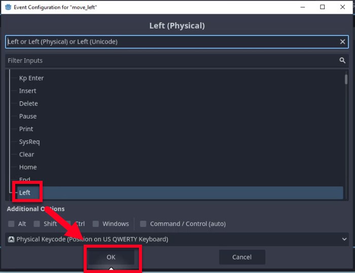 Aquesta imatge mostra el diàleg "Configuració d'esdeveniment per a 'move_left'" a Godot Engine, on l'usuari està assignant una clau física a l'acció d'entrada. El camp de cerca de la part superior mostra "Esquerra o Esquerra (física) o Esquerra (Unicode)", i la llista filtrada següent destaca l'entrada de la tecla "Esquerra", que indica la selecció de la tecla de fletxa esquerra. Un quadre vermell i una fletxa emfatitzen aquesta selecció, mentre que un altre quadre vermell destaca el botó "D'acord" a la part inferior, que confirma l'assignació. A sota de la llista de tecles, les "Opcions addicionals" mostren les caselles de verificació modificadores (Alt, Maj, Ctrl, etc.), cap seleccionada i una nota diu "Codi de tecles físic (posició al teclat QWERTY dels EUA)", que reforça que el mapatge es basa en la posició de la tecla física en lloc de la sortida del caràcter. Aquest pas finalitza l'enllaç de la tecla de fletxa esquerra amb l'acció "move_left" com a part de la configuració d'un maneig d'entrada flexible basat en accions.