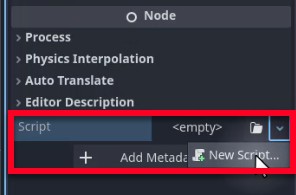 La imatge mostra el tauler Godot Engine Inspector per a un node seleccionat, amb la propietat "Script" ressaltada, actualment configurada com a buida, i un quadre vermell que emfatitza el botó "Nou Script..." que es fa clic amb el cursor del ratolí, indicant el pas per crear un nou script per al node Player tal com s'indica a la lliçó. Aquesta acció inicia el procés d'adjuntar un script anomenat player.gd al node CharacterBody2D, que més tard contindrà variables com move_speed, acceleration, gravity, jump_force i move_input, juntament amb la funció _physics_process per gestionar el moviment i la física.