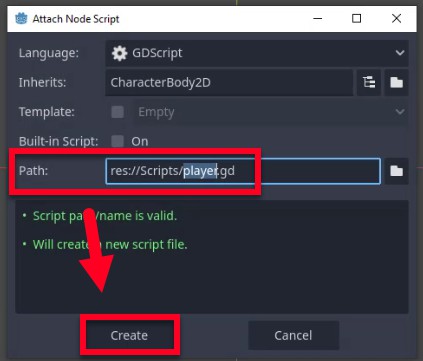 Aquesta imatge mostra el diàleg "Adjuntar script del node" a Godot Engine, on s'està configurant un script nou per al node del reproductor; l'idioma està configurat com a GDScript, hereta de CharacterBody2D i el camp Path mostra "res://Scripts/player.gd", indicant que l'script es desarà com a player.gd a la carpeta Scripts, confirmat pels missatges de validació verd "El nom del camí de l'script és vàlid". i "Crearà un fitxer d'script nou". Una fletxa vermella assenyala el botó "Crea" ressaltat, que finalitza la creació de l'script tal com s'indica a la lliçó.