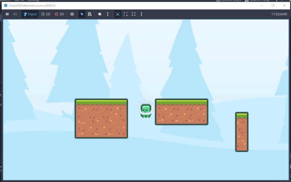 Aquesta imatge mostra la vista del joc Godot Engine 2D durant la depuració, que mostra un personatge verd d'art de píxels a l'aire entre dues plataformes horitzontals de terra amb cims d'herba, sobre un fons nevat amb arbres blaus estilitzats; l'escena confirma visualment la implementació reeixida de la mecànica de moviment i salt a partir de l'script player.gd, tal com es descriu a la lliçó, amb el jugador posicionat entre plataformes per demostrar la gravetat i la física dels salts.
