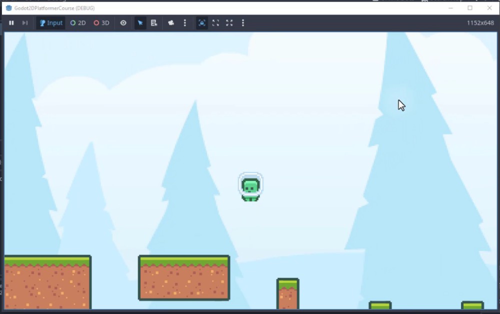 Aquesta imatge mostra el joc de plataformes Godot 2D en mode de depuració, mostrant un petit personatge verd pixelat a l'aire sobre diverses plataformes terrestres, il·lustrant la funcionalitat de salt que s'ensenya a la lliçó; l'escena inclou arbres blaus estilitzats al fons i la barra d'eines superior de l'editor amb indicadors de mode "Entrada", "2D" i "3D" visibles, confirmant el context d'implementació de la mecànica de salt mitjançant _physics_process on velocity.y s'estableix en un valor negatiu quan Input.is_action_pressed("jump") i is_on_floor() són true.
