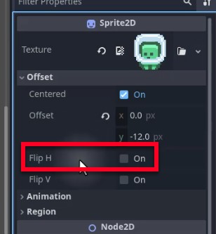 La imatge mostra el tauler de propietats del node Sprite2D del motor Godot, destacant la casella de selecció "Flip H" a la secció Offset, que controla la inversió horitzontal del sprite. Aquesta configuració és directament rellevant per a l'objectiu de la lliçó de capgirar dinàmicament el sprite del jugador en funció de la direcció del moviment; el fragment de codi proporcionat a la lliçó (sprite.flip_h = velocity.x > 0) canvia programadament aquesta propietat a cada fotograma per assegurar-se que l'sprite s'enfronta a la direcció del moviment. Actualment, la casella de selecció no està marcada ("On" no està seleccionada), cosa que indica que l'esprit no està capgirat horitzontalment per defecte en aquesta vista.