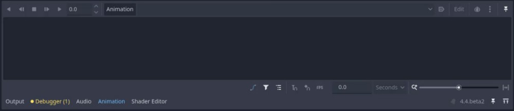 Aquesta imatge mostra la interfície de l'editor d'animació de Godot a la part inferior de l'editor, amb la pestanya "Animació" activa i seleccionada, que indica que l'usuari està configurant animacions per a un personatge. La línia de temps és visible però buida, amb l'hora actual establerta en 0,0 segons i el camp de durada també mostra 0,0, cosa que suggereix que encara no s'ha creat ni configurat cap animació. Els elements clau de la interfície d'usuari rellevants per a la lliçó inclouen la pestanya "Animació" (resaltada), la visualització de l'hora, el menú desplegable "Segons" i el control lliscant de zoom (icona de lupa) que s'utilitza per ajustar la precisió de la línia de temps. L'indicador de versió "4.4.beta2" apareix a la cantonada inferior dreta, confirmant la versió Godot que s'està utilitzant. Aquesta vista correspon al pas en què l'usuari està a punt de crear la primera animació ("inactiva") fent clic a "Animació > Nou", tal com es descriu a la lliçó.