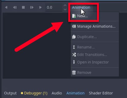 Aquesta imatge mostra la finestra d'animació de l'editor Godot amb un menú contextual obert sota el menú desplegable "Animació", destacant l'opció "Nou...", que s'utilitza per crear un nou clip d'animació tal com s'indica a la lliçó. Una fletxa vermella assenyala aquest menú, emfatitzant l'acció d'iniciar una animació nova (p. ex., "inactiva") per al personatge del jugador. La línia de temps mostra 0,0 segons, que indica el punt de partida per a la creació de fotogrames clau, i les pestanyes inferiors confirmen que la pestanya "Animació" està activa, alineant-se amb l'enfocament del tutorial a configurar animacions mitjançant el node AnimationPlayer.