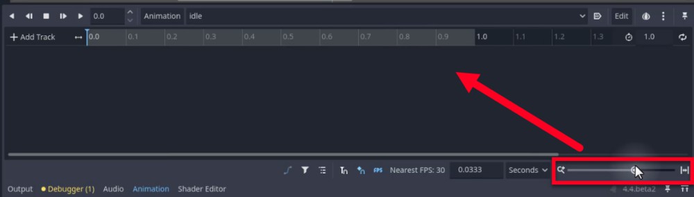 Aquesta imatge mostra l'editor d'animació de Godot amb l'animació "inactiva" seleccionada, mostrant una línia de temps de 0,0 a 1,0 segons; una fletxa vermella assenyala el camp de durada a la part superior dreta, que actualment diu "1,0", que indica la durada de l'animació predeterminada que s'ha de canviar a 0,5 segons tal com s'indica a la lliçó. A la part inferior dreta, el control lliscant del zoom està ressaltat amb un quadre vermell i el cursor passant per sobre, il·lustrant com ajustar la vista de la línia de temps per a un control més fi quan s'afegeixen fotogrames clau, un pas necessari abans d'animar la propietat de textura de Sprite per a l'estat inactiu.
