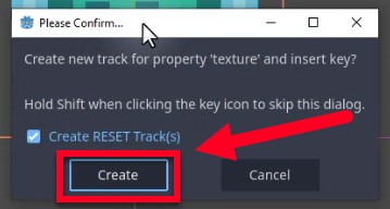 Aquesta imatge mostra el diàleg "Confirmeu..." de Godot que apareix després de fer clic al botó de fotograma clau de la propietat Texture de Sprite2D, demanant a l'usuari que creï una pista nova per animar la propietat "textura"; inclou una casella de selecció amb l'etiqueta "Crea pista(s) de RESTABILITZACIÓ" (que està marcada) i dos botons: "Crea" (ressaltat amb un quadre vermell i una fletxa) i "Cancel·la", amb el text d'instrucció a sobre que indica "Mantén premuda la tecla Maj en fer clic a la icona de la tecla per saltar aquest diàleg".