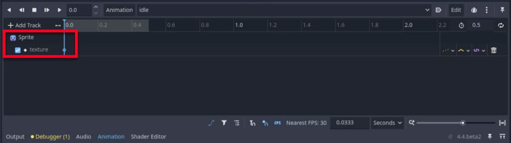 Aquesta imatge mostra l'editor d'animació de Godot amb l'animació "inactiva" activa, mostrant una línia de temps de 0,0 a 2,2 segons; destacada en un quadre vermell hi ha la pista d'animació creada recentment per a la propietat "textura" del node Sprite, que indica que la textura s'animarà amb el temps. Aquesta pista s'ha afegit fent clic al botó de fotograma clau que hi ha al costat de la propietat Texture a l'Inspector i confirmant la creació de la pista amb RESET activat, tal com s'indica a la lliçó per començar a animar fotogrames de sprite per a l'estat inactiu.