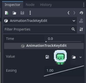 Aquesta imatge mostra el tauler d'inspector de Godot centrat en una entrada d'AnimationTrackKeyEdit per a l'animació "inactiva", mostrant un fotograma clau a Time 0.0 amb el valor configurat en una icona de sprite d'art de píxel (probablement el fotograma inactiu) i Easing configurat a 1.00, indicant que s'ha afegit el primer fotograma clau per animar la propietat de la textura a l'inici de l'inactivitat, com a part de l'inici de la textura. animació.