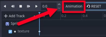 Aquesta imatge mostra la interfície de l'editor d'animació de Godot, destacant el menú desplegable "Animació" (delineat en vermell) i una fletxa vermella que apunta al camp de durada a la part superior de la línia de temps, que actualment mostra "0.0", que indica l'inici de la línia de temps d'animació on s'afegiran fotogrames clau per a la propietat de textura del node Sprite, com a part de la configuració de les animacions del personatge del jugador.