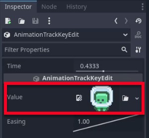 Aquesta imatge mostra el tauler de l'inspector de Godot centrat en una entrada d'AnimationTrackKeyEdit per a l'animació "moure", amb el camp Temps establert a 0,4333 segons; ressaltat en un quadre vermell hi ha el camp Valor, que mostra una icona de sprite d'art de píxels (probablement representa un fotograma específic de l'animació), que indica la textura assignada a aquest fotograma clau en aquest moment. Això segueix les instruccions de la lliçó per afegir i configurar fotogrames clau al llarg de la línia de temps de l'animació per controlar els canvis de sprite.