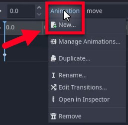 La imatge mostra el menú contextual del node AnimationPlayer de l'editor de Godot, amb el menú desplegable "Animació" ressaltat i una fletxa vermella apuntant a l'opció "Nou...", que indica el pas per crear una animació nova com a part de la configuració de l'animació de salt del jugador; això s'alinea amb la instrucció de la lliçó per fer clic a "Animació > Nou" per començar a crear la pista d'animació de "salt".