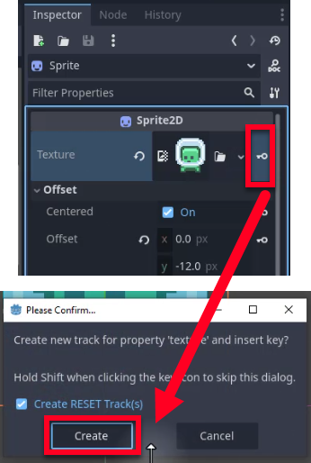 Aquesta imatge mostra el panell Inspector de l'editor Godot per a un node Sprite2D, on l'usuari està afegint un fotograma clau per animar la propietat Texture. Si feu clic a la icona de la clau al costat del camp Textura, s'activa un diàleg "Confirmeu..." que demana "Crear una pista nova per a la propietat "textura" i inserir la clau?", amb el botó "Crea" ressaltat amb una fletxa vermella, que indica el pas per establir una pista d'animació per canviar la textura de l'esprit durant l'animació de salt tal com es descriu a la lliçó.