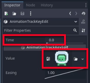 Aquesta imatge mostra el tauler d'inspector de l'editor Godot centrat en un AnimationTrackKeyEdit, on el camp "Time" s'estableix a 0,0 per al primer fotograma clau de l'animació de salt; A continuació es destaquen els controls de valors que inclouen una icona de vista prèvia de sprite (que mostra un caràcter verd amb les cames a l'aire) i un botó de fitxer/carpeta, utilitzat per assignar la textura de fotograma correcta per a l'animació de salt com a part de la configuració dels estats d'animació del jugador.